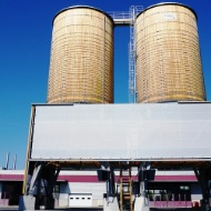 Installation complète à Domdidier (CH) composée de deux silos ronds en bois reliés par des estrades en bois sur le toit, avec centrale à saumure et système automatique 