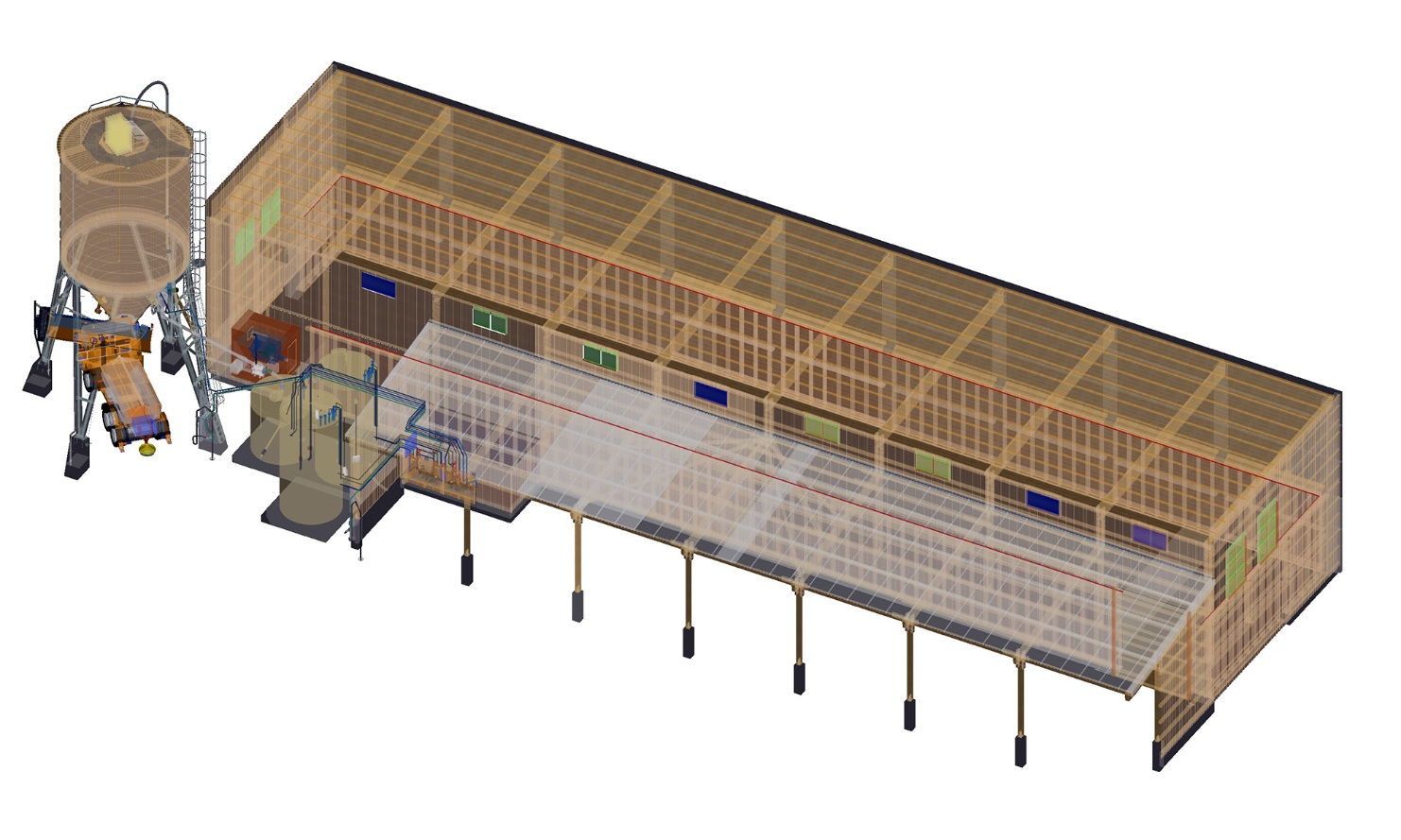 Visualisierung einer Gesamtanlage bestehend aus einem Holzsilo, Ladefahrzeug, Fördertechnik, Soletechnik und Salzlagerhalle