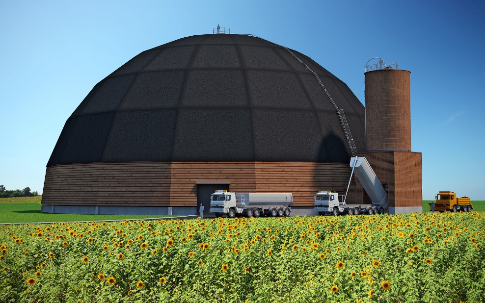 Visualisation of a large-scale facility with large-scale salt storage depot, silo, two trucks and a winter service vehicle